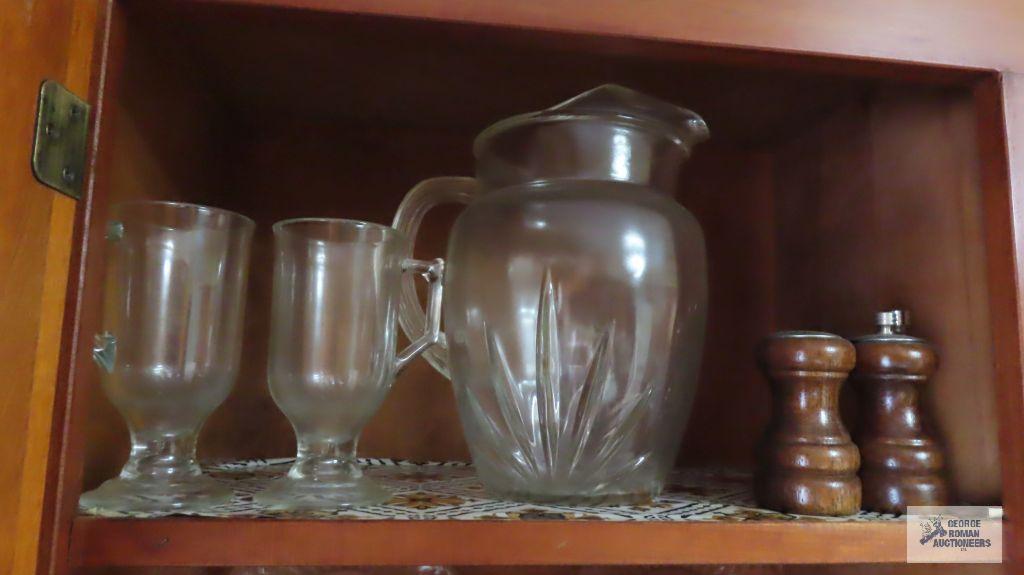 Glass pitcher, mugs, and salt and pepper shakers