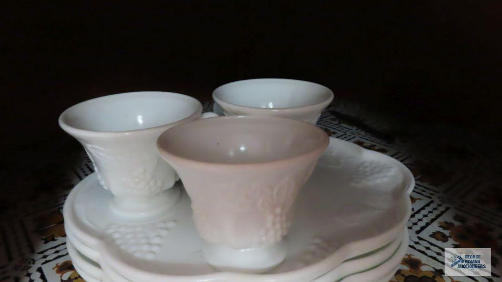 Milk glass hobnail fluted bowl and compote and grape motif luncheon pieces