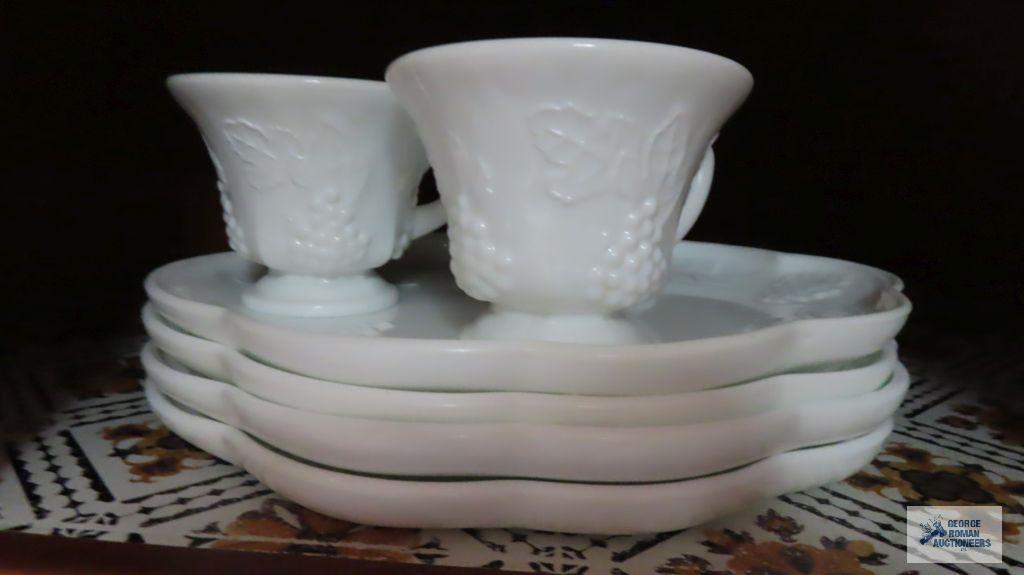 Milk glass hobnail fluted bowl and compote and grape motif luncheon pieces