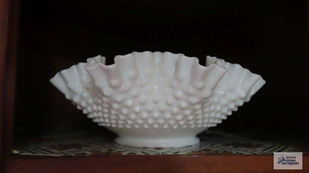 Milk glass hobnail fluted bowl and compote and grape motif luncheon pieces