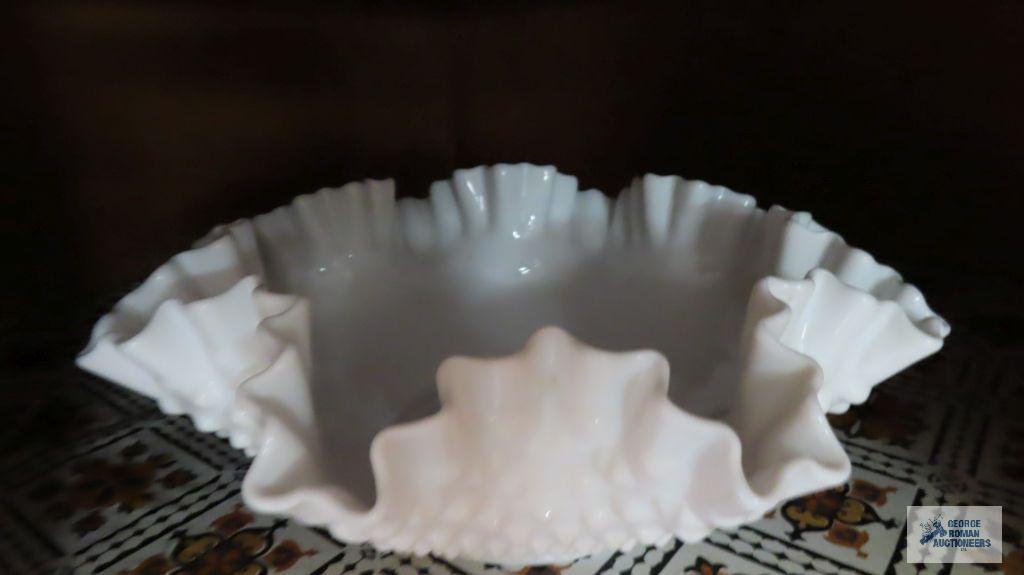 Milk glass hobnail fluted bowl and compote and grape motif luncheon pieces