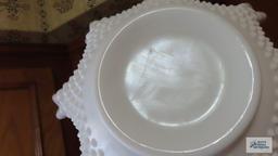 Milk glass hobnail fluted bowl and compote and grape motif luncheon pieces