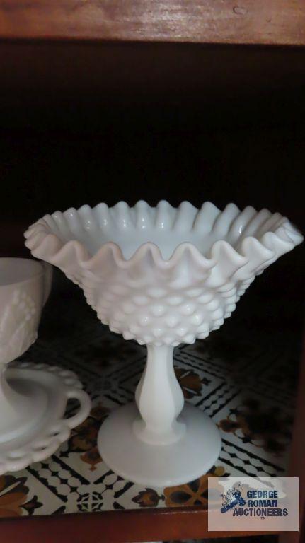 Milk glass hobnail fluted bowl and compote and grape motif luncheon pieces