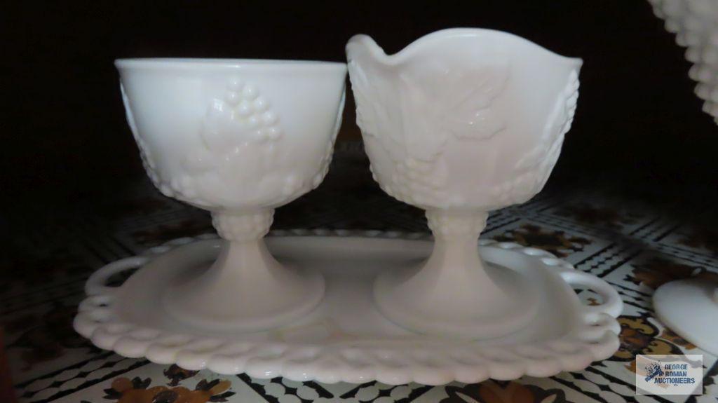 Milk glass hobnail fluted bowl and compote and grape motif luncheon pieces