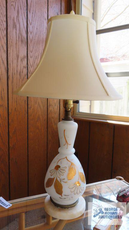 Floral painted glass lamp with marble base