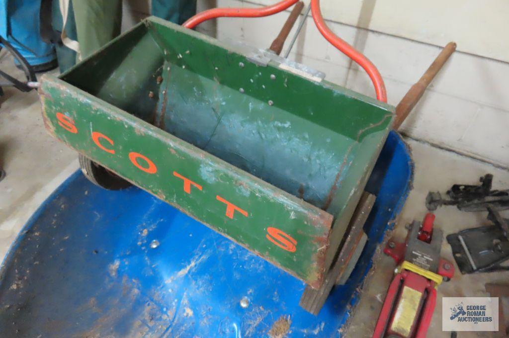 Scott's seeder and pneumatic tire wheelbarrow, wheelbarrow is bent