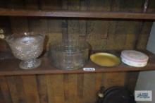 glass candy dish, centerpiece dish, and enameled dish made by Evans and tin