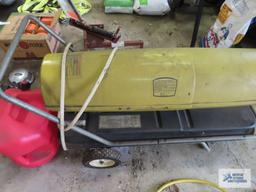 Sears 140,000 BTU torpedo heater and gas can