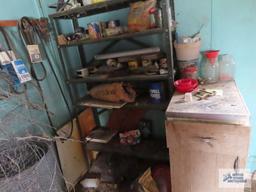 Kitchen cabinet with hardware, belt, and adjustable metal shelving unit