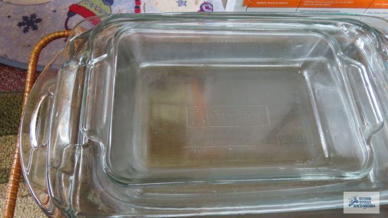assorted bakeware including Pyrex and Pampered Chef