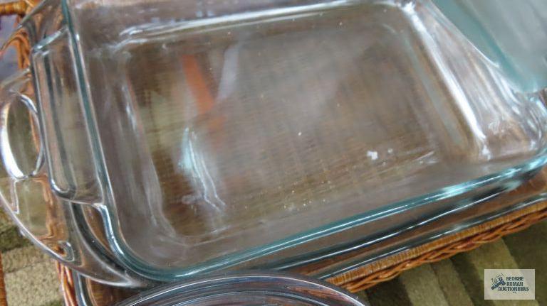 assorted bakeware including Pyrex and Pampered Chef