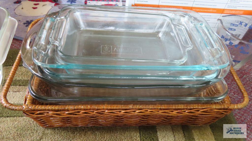 assorted bakeware including Pyrex and Pampered Chef