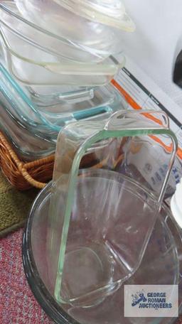 assorted bakeware including Pyrex and Pampered Chef