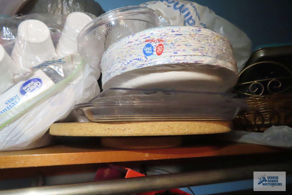 styrofoam cups, paper plates, plastic ware, baskets and etc
