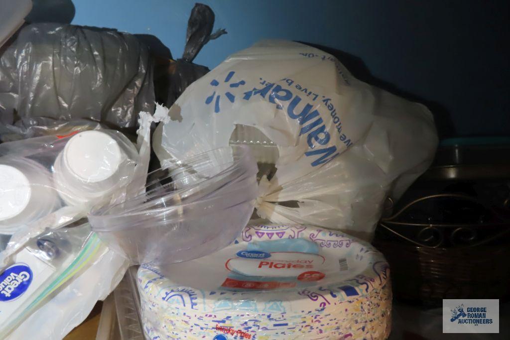 styrofoam cups, paper plates, plastic ware, baskets and etc