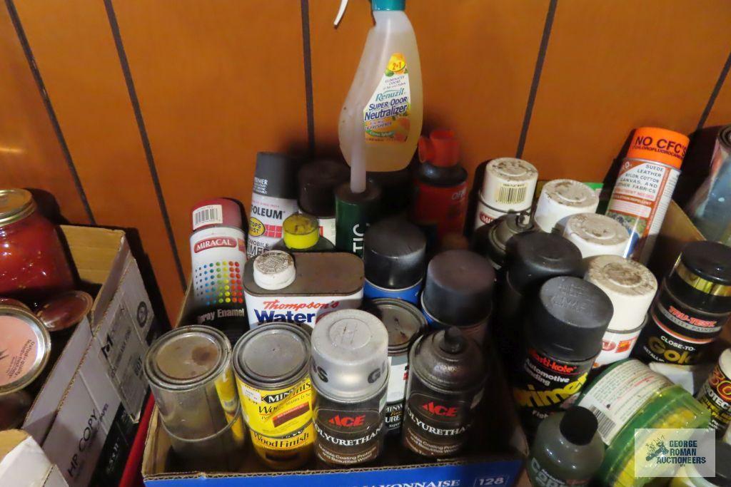 lot of spray paints, paint and etc