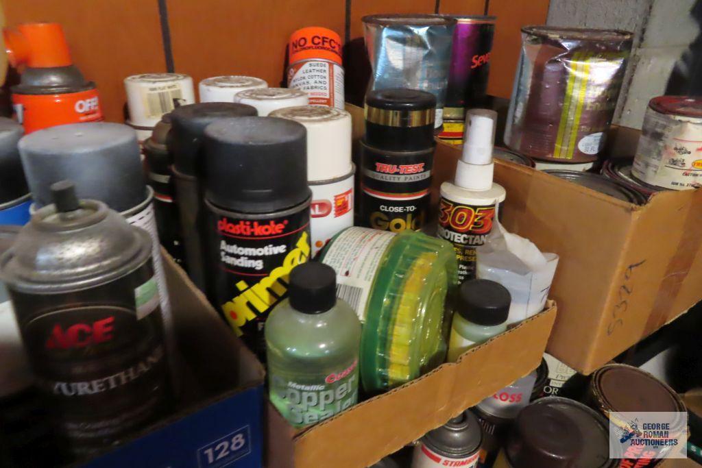 lot of spray paints, paint and etc