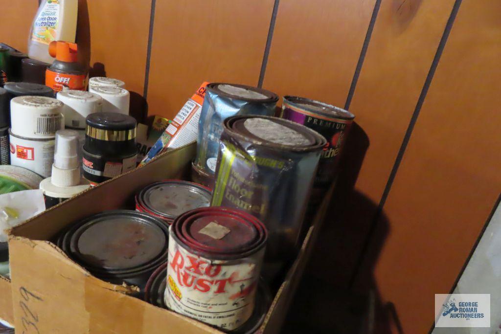 lot of spray paints, paint and etc