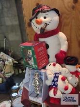 snowman decorations, lighted snowman and Christmas stocking holders
