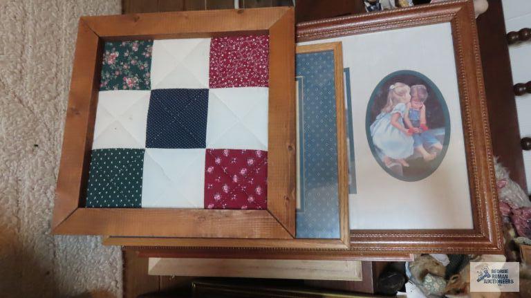 Framed quilt square and assorted prints