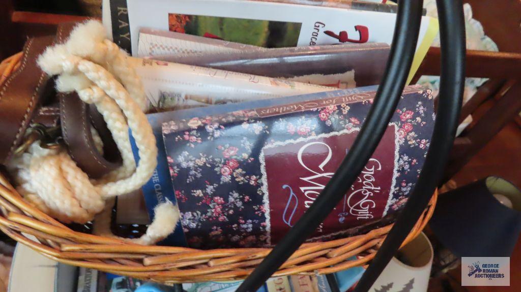 Three tier wire stand with baskets and books