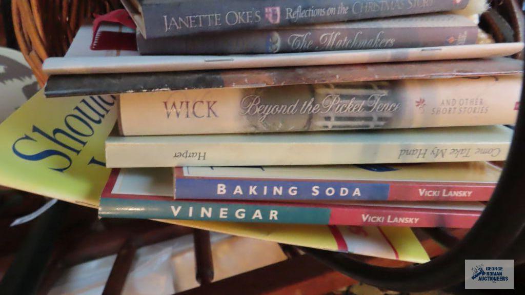 Three tier wire stand with baskets and books