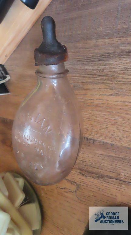 Glass rooster bottle, Ball mason jar, Tyrian bottle,...insulator, etc