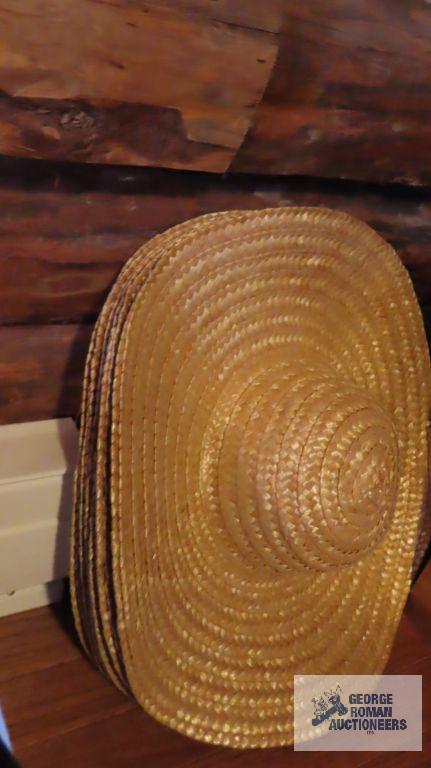 Cowboy boots, size eight, cowboy hat and other straw hats