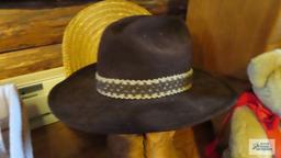 Cowboy boots, size eight, cowboy hat and other straw hats