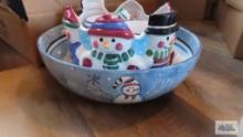 Snowman bowl and mugs by Pacific Rim and snowman centerpiece dish, marked HH