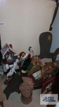 lot of wooden Christmas decorations, basket, and snowman birdhouse decoration