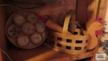 Wooden chicken basket with red handled...rolling pin and coasters on a tray