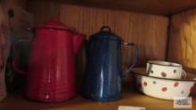 Red granite...coffee...pot, blue granite...coffee...pot, granite like dish and mug