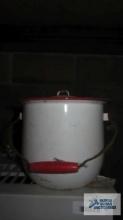 vintage enamelware chamber pot with lid and wood handle