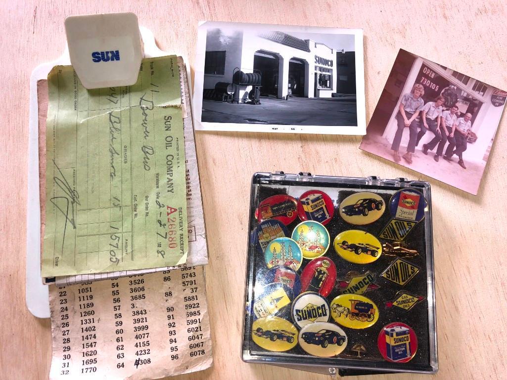 SUNOCO vintage pin set, SUN OIL CO Fuel fill slips, Consumer Coupons, Vintage pics -Vintage lot