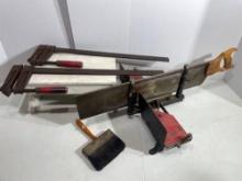 Antique miter saw, wood clamps & brush