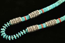 Kingman Turquoise & Coral Singer Style Necklace