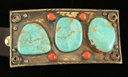 Large Navajo Belt Buckle with Kingman Turquoise