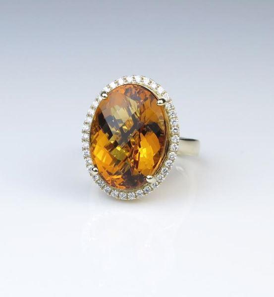 Beautiful Checkerboard Cut Citrine & Diamond Ring