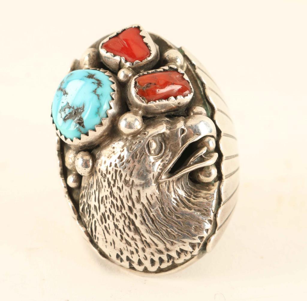 Turquoise & Coral Sterling Silver Ring