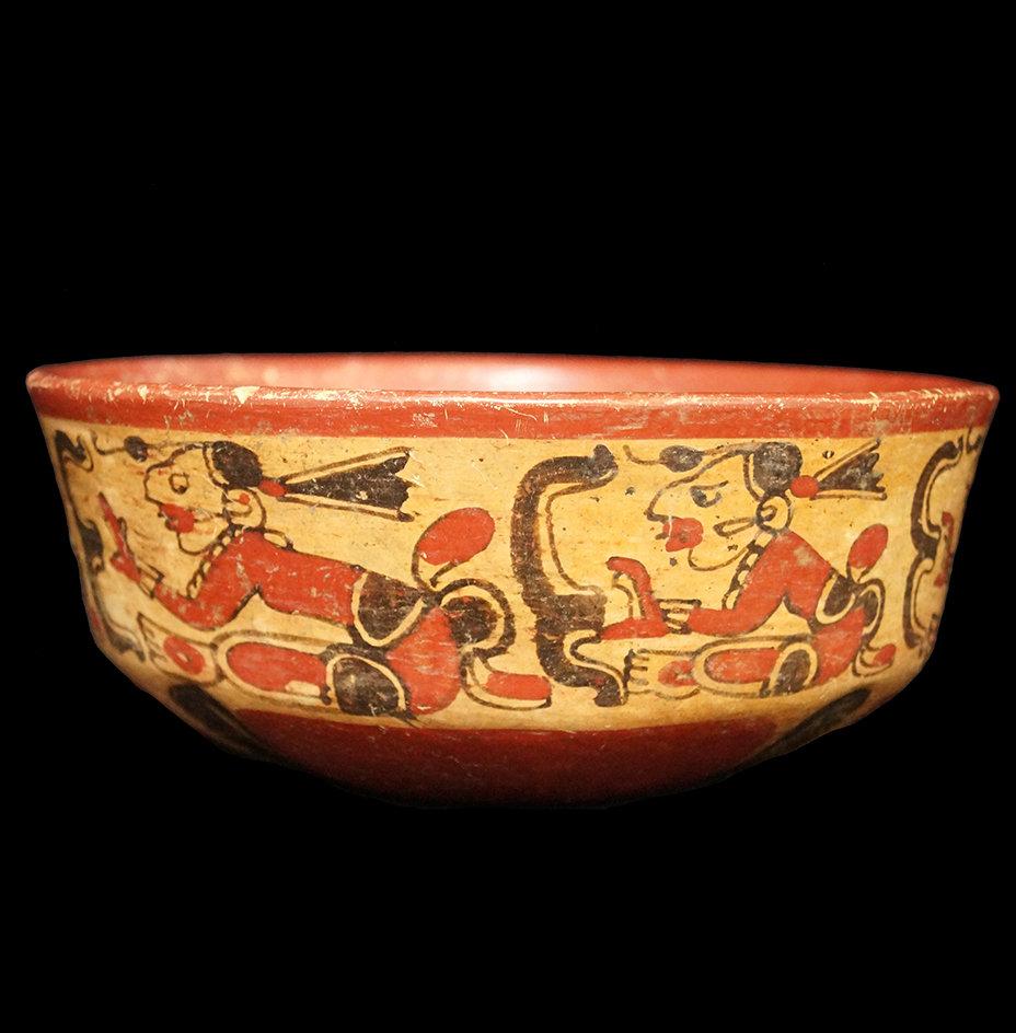 3 1/8" x 8" Mayan Classic Period Polychrome Bowl with avian symbols and soldiers.