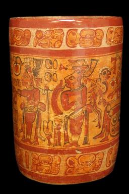 8 1/2" x 6" Polychrome Mayan Cylinder with extensive artwork including a seated ruler.