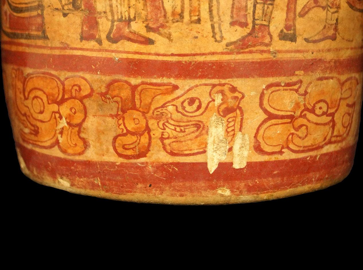 8 1/2" x 6" Polychrome Mayan Cylinder with extensive artwork including a seated ruler.