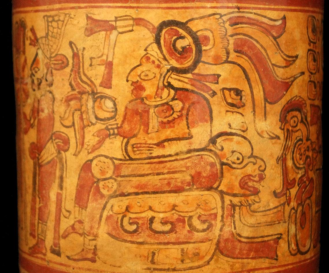 8 1/2" x 6" Polychrome Mayan Cylinder with extensive artwork including a seated ruler.