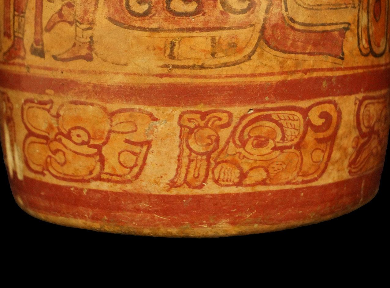 8 1/2" x 6" Polychrome Mayan Cylinder with extensive artwork including a seated ruler.