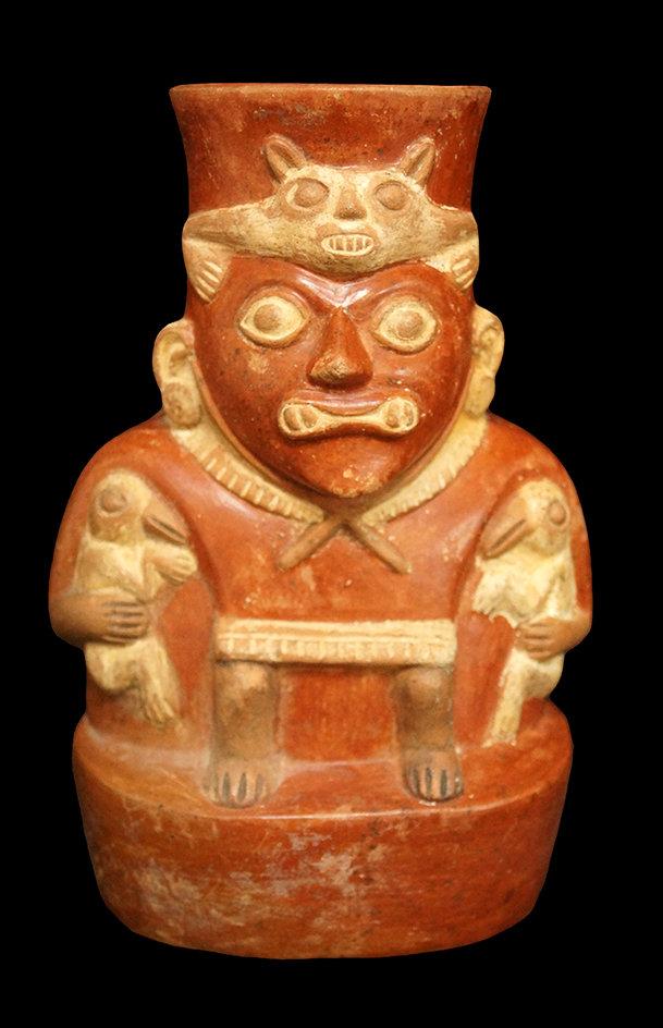 7 1/2" x 4 5/8" Moche (Period 3 or 4) Figural Bottle featuring the God Ai-Apec with nice detail.