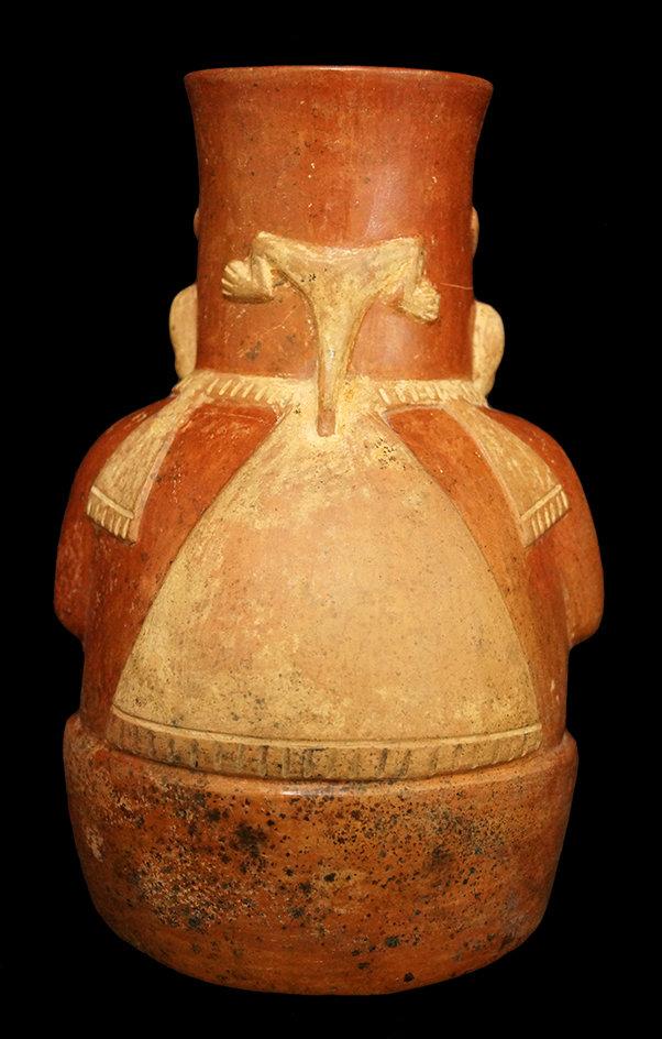 7 1/2" x 4 5/8" Moche (Period 3 or 4) Figural Bottle featuring the God Ai-Apec with nice detail.