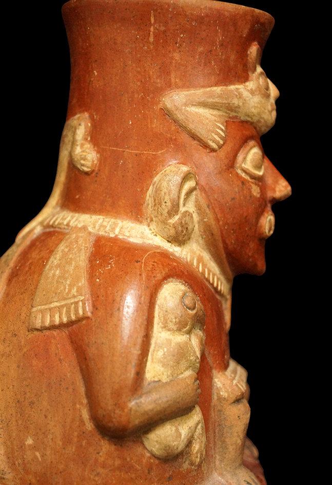 7 1/2" x 4 5/8" Moche (Period 3 or 4) Figural Bottle featuring the God Ai-Apec with nice detail.