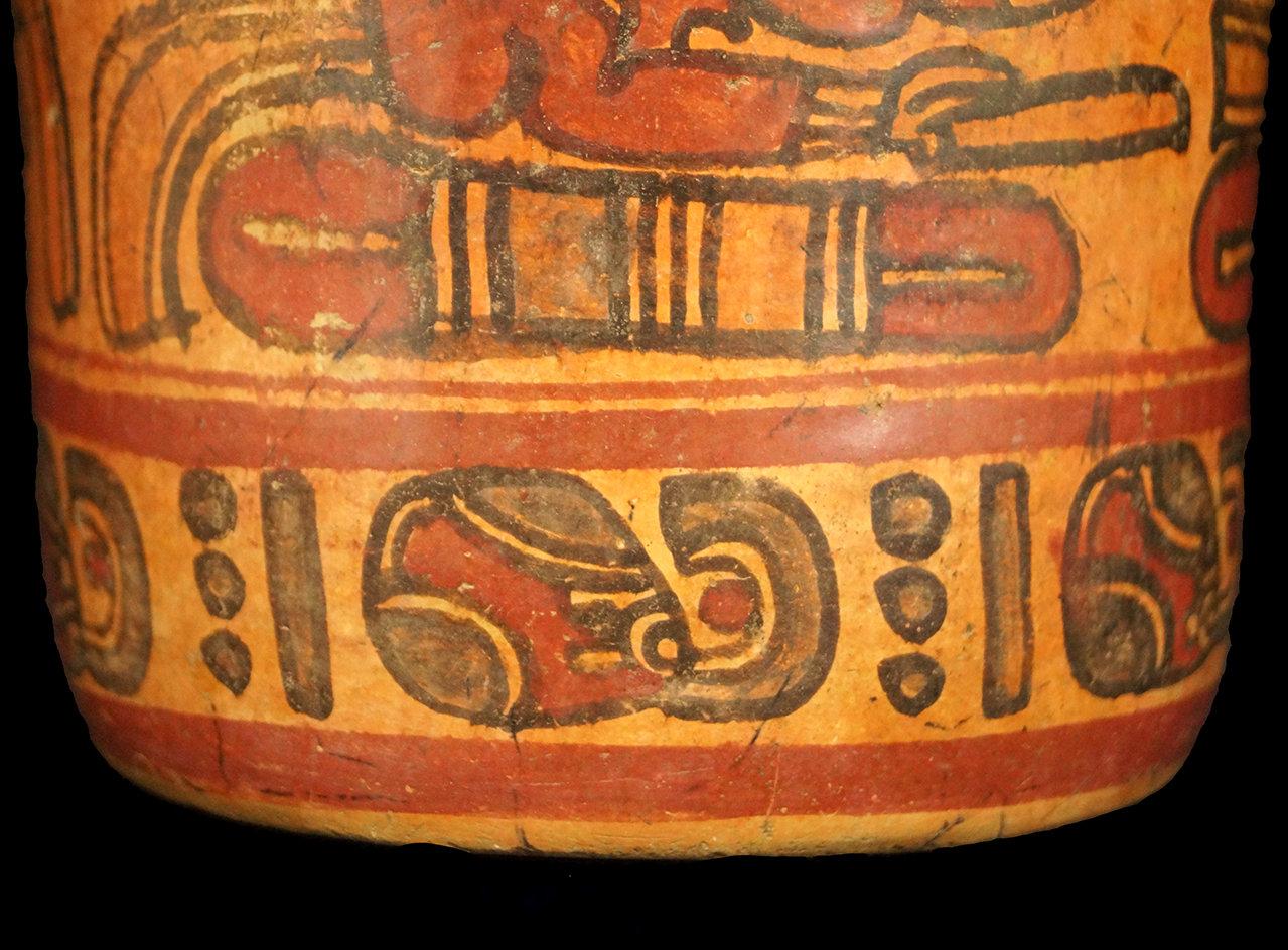 6 3/4" x 5 1/8" Polychrome Mayan Cylinder which includes Mayan number glyphs & 3 Mayan Lords.