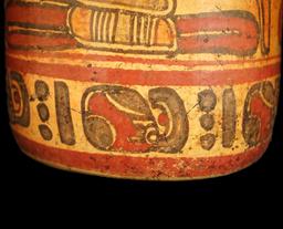 6 3/4" x 5 1/8" Polychrome Mayan Cylinder which includes Mayan number glyphs & 3 Mayan Lords.